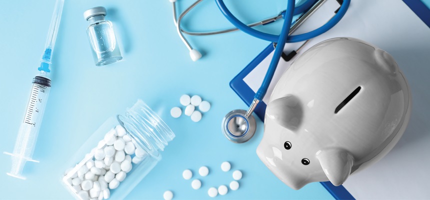 Medical supplies and a piggy bank are scattered throughout the design to show the dynamics of high-coast claims in health care