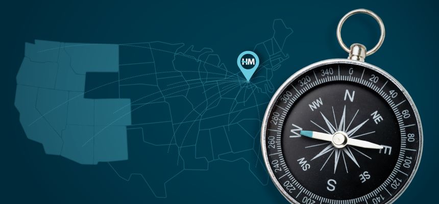 Map of the Western United States with dotted lines connecting to an HM Insurance Group location marker, symbolizing HM's investment in the West region.