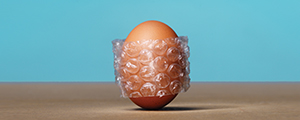 A brown egg is wrapped in bubble wrap, representing the careful and confident protection HM Insurance Group offers through its quality products.